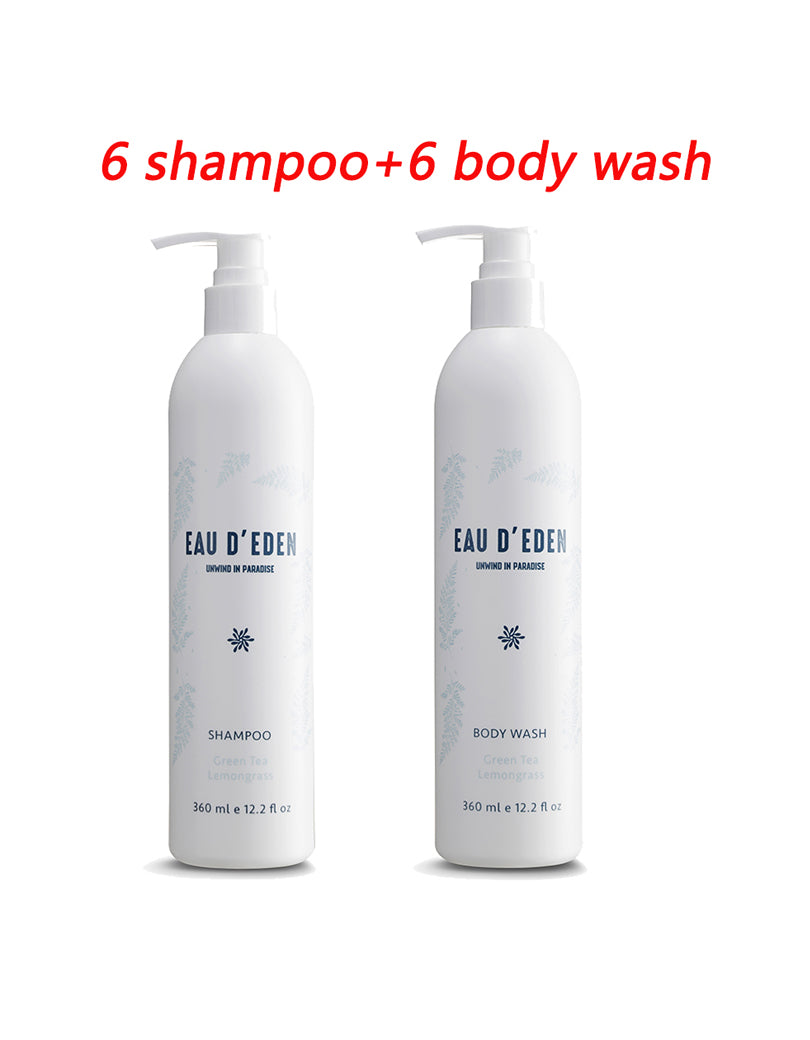 EAU D'EDEN 6 Shampoo & 6 Body Wash, Drill-Free Wall Mount Shower Dispenser (12 Pack, 12.2oz/360ml)