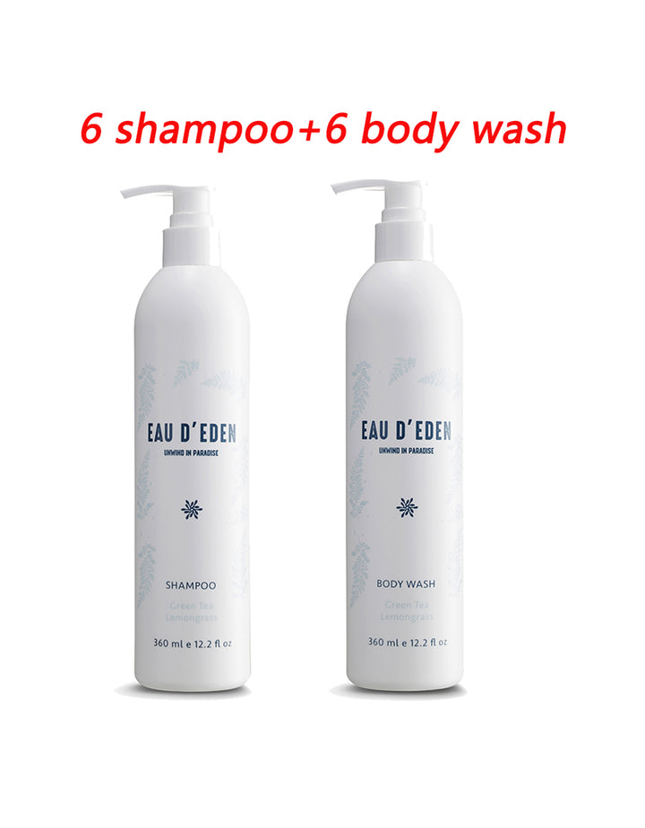 EAU D'EDEN 6 Shampoo & 6 Body Wash, Drill-Free Wall Mount Shower Dispenser (12 Pack, 12.2oz/360ml)