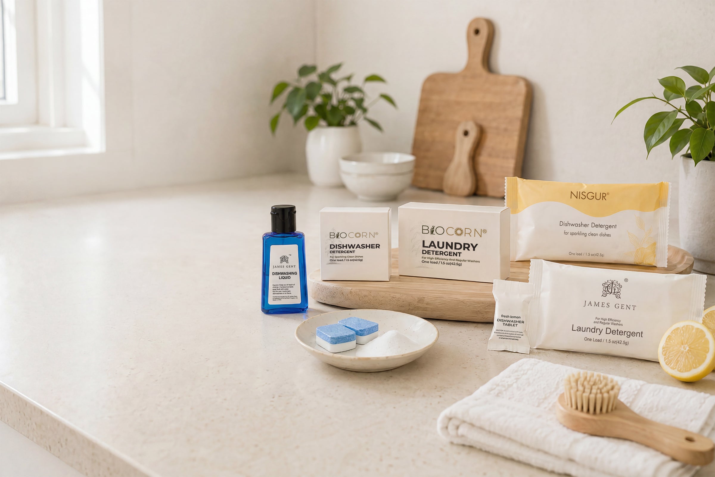 dish detergents on a kitchen table