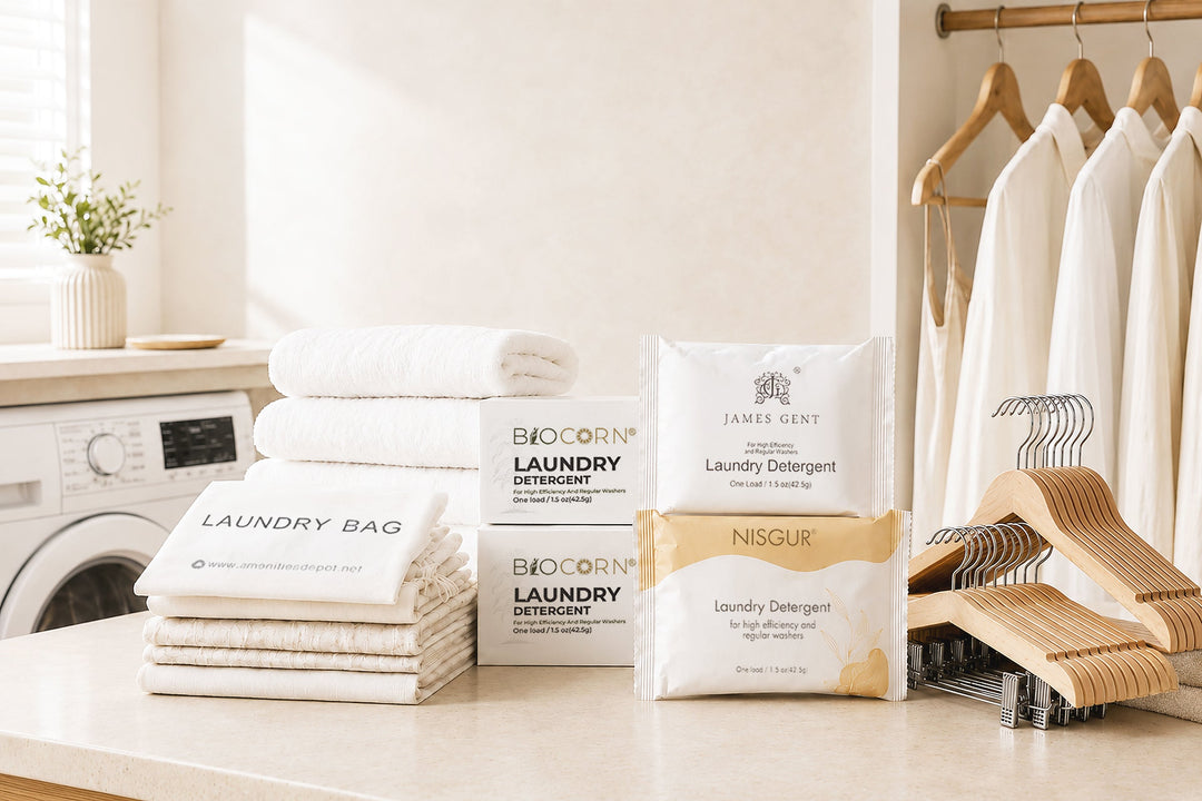 laundry bag, towels, detergent, hangers