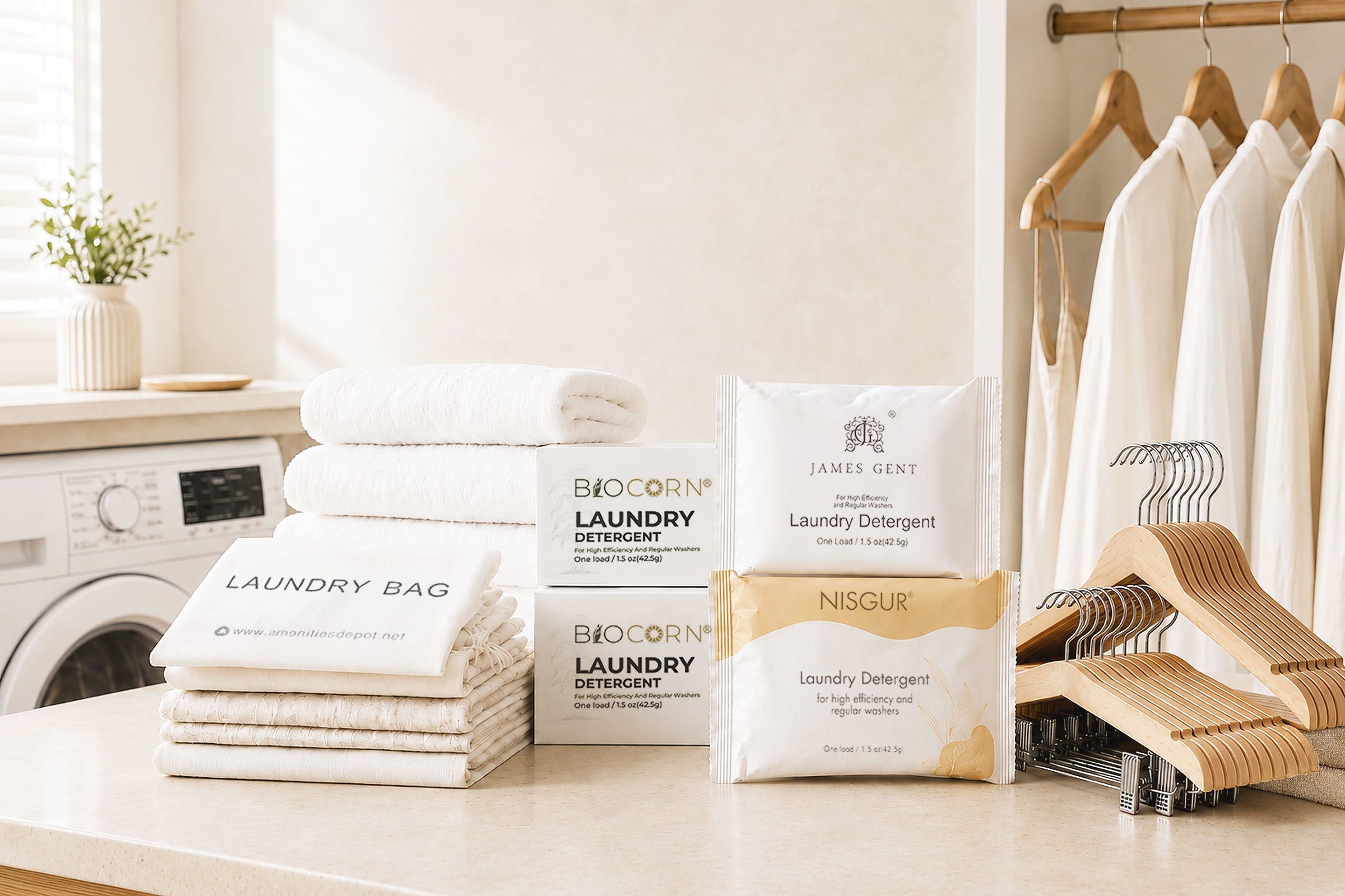 laundry bag, towels, detergent, hangers