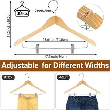 Solid Wooden Hangers with Metal Clips (30 Pack)