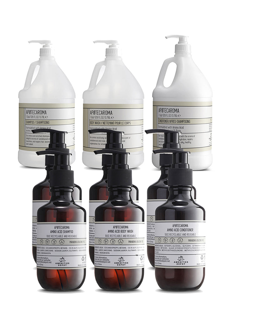 APOTECAROMA 3 Gallon Refills and 6 Pre-filled 200ML Pressure Pump Bottles Combo - Shampoo + Conditioner + Body Wash