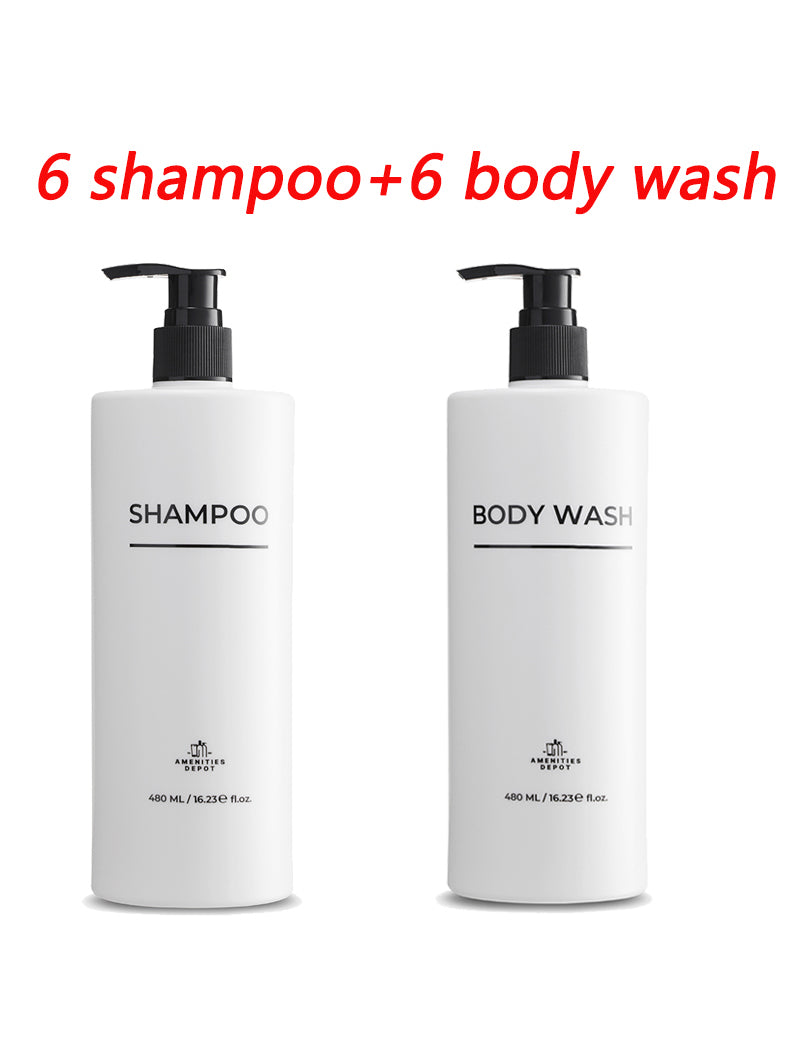 White Label 6 Shampoo & 6 Body Wash, Drill-Free Wall Mount Shower Dispenser (12 Pack, 16.2oz/480ml)