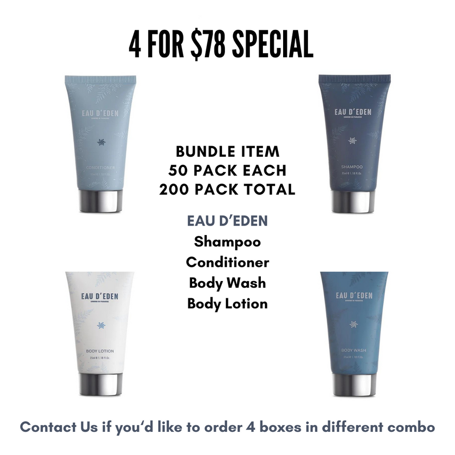 EAU D'EDEN All-inclusive Bundle: Sets of 4 for $78 Special (200 Pack in Total) Shampoo Conditioner Body Wash Lotion