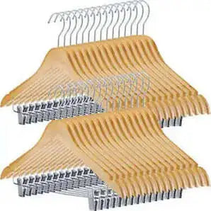 Solid Wooden Hangers with Metal Clips (30 Pack)