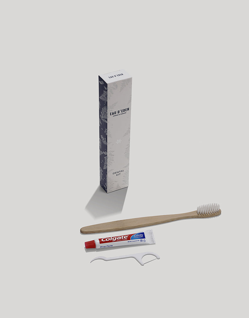 Dental kit, disposable bamboo toothbrush and colgate toothpaste and floss