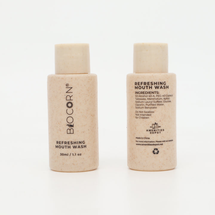 Two beige mouth wash bottles on a white background'AMAZON DEPOT'.
