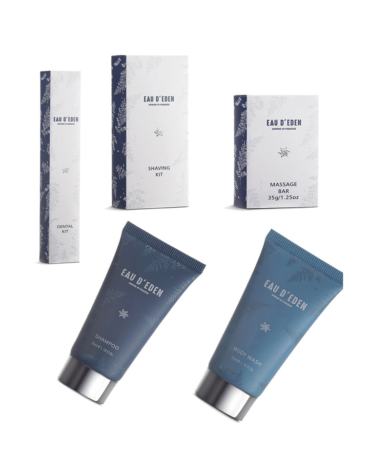 Hotel amenities travel kit - Shampoo, Body Wash, Shaving Kit, Dental Kit, Hotel Soap Bar