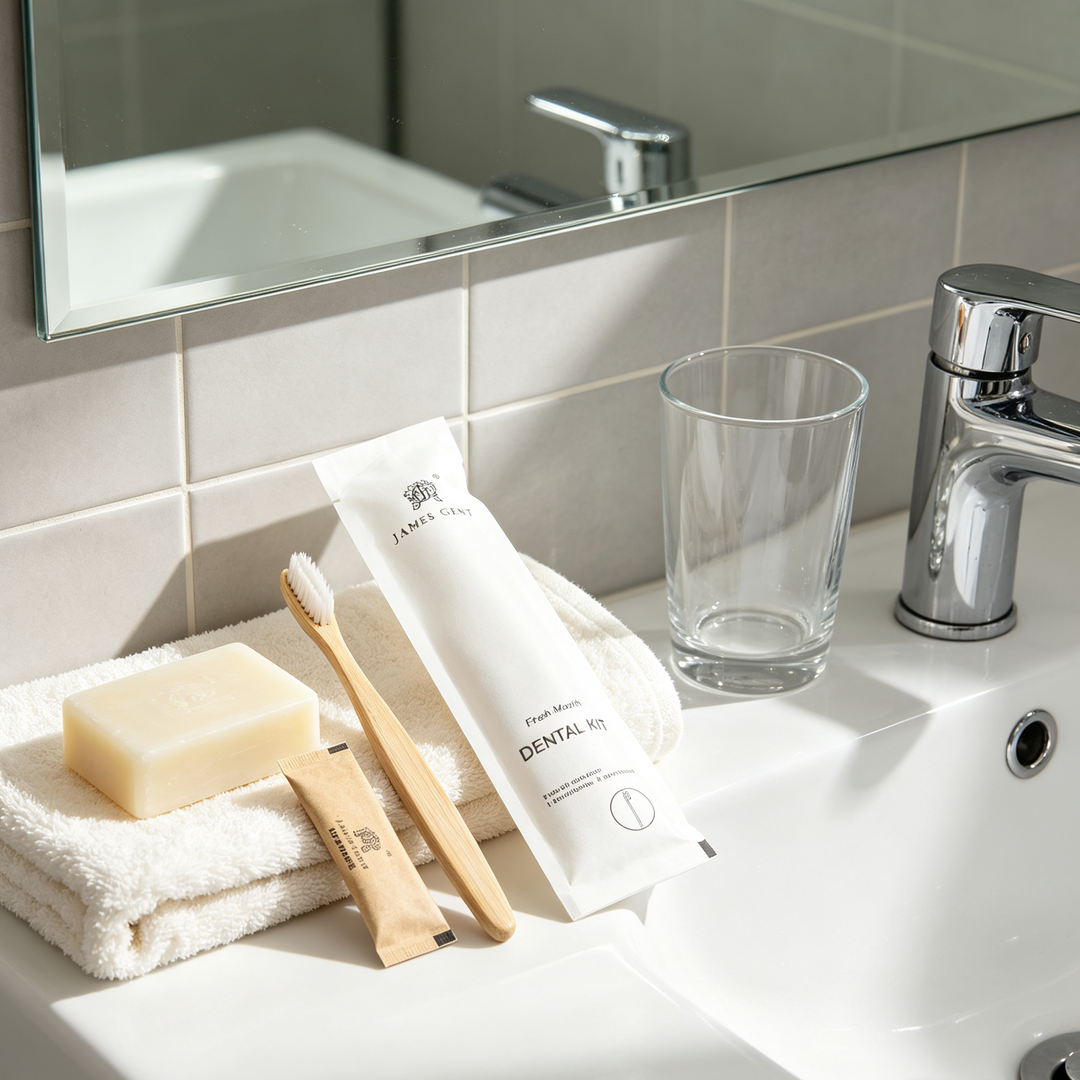 A white dental kit tube and a small tube placed on a white towel beside a toothbrush and soap bar on a bathroom sink counter, with a glass cup nearby and a mirror above.