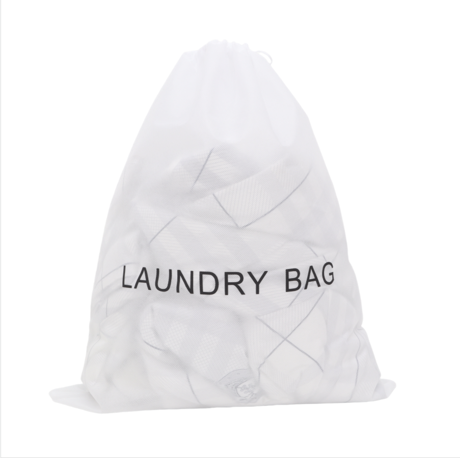 White laundry bag with 'LAUNDRY BAG' text on a white background, non-woven bag for hotels and spas