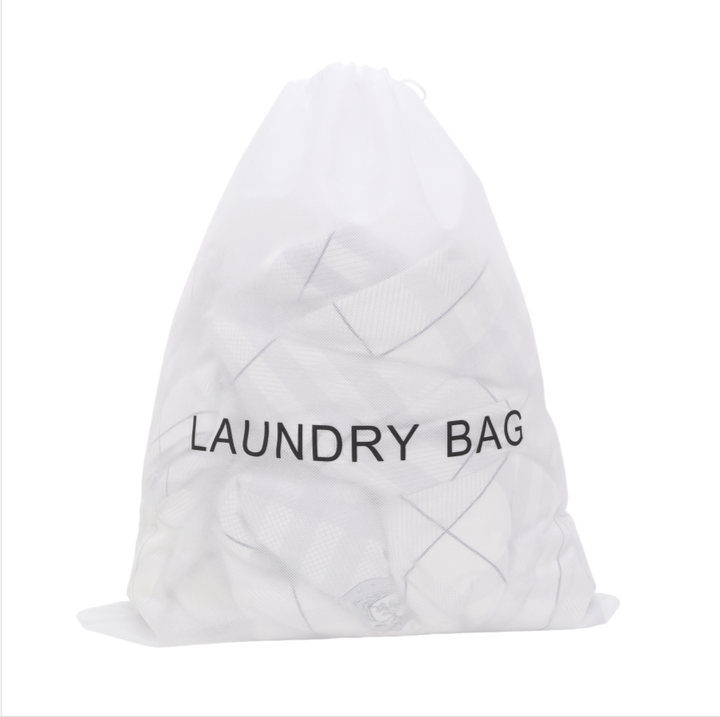White laundry bag with 'LAUNDRY BAG' text on a white background, non-woven bag for hotels and spas