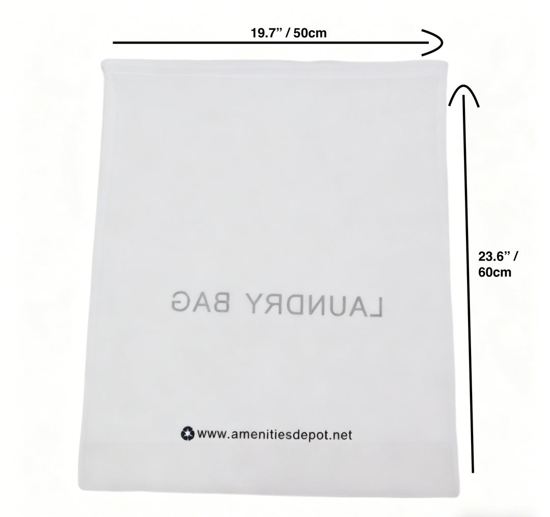 White laundry bag with dimensions and a website URL on a white background