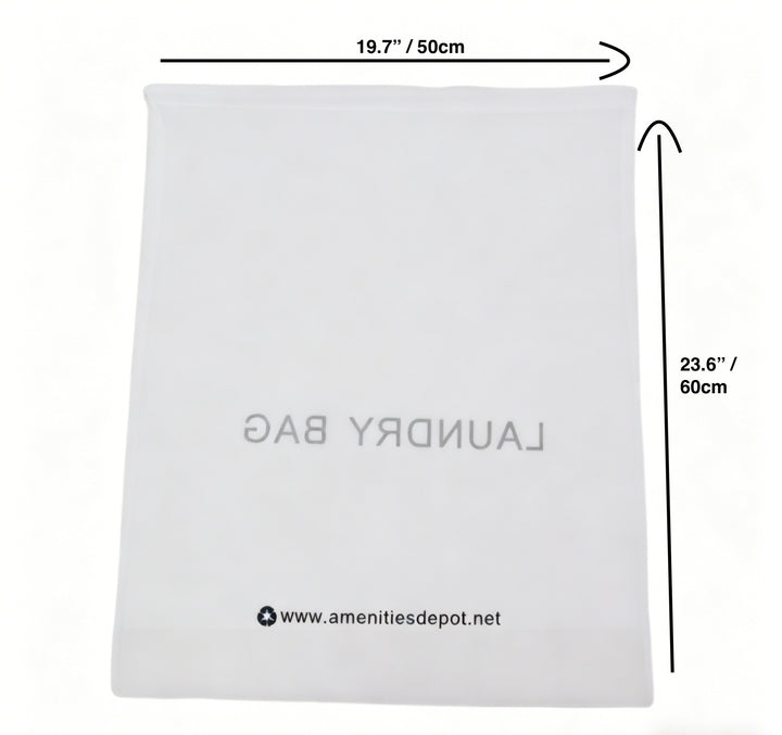 White laundry bag with dimensions and a website URL on a white background