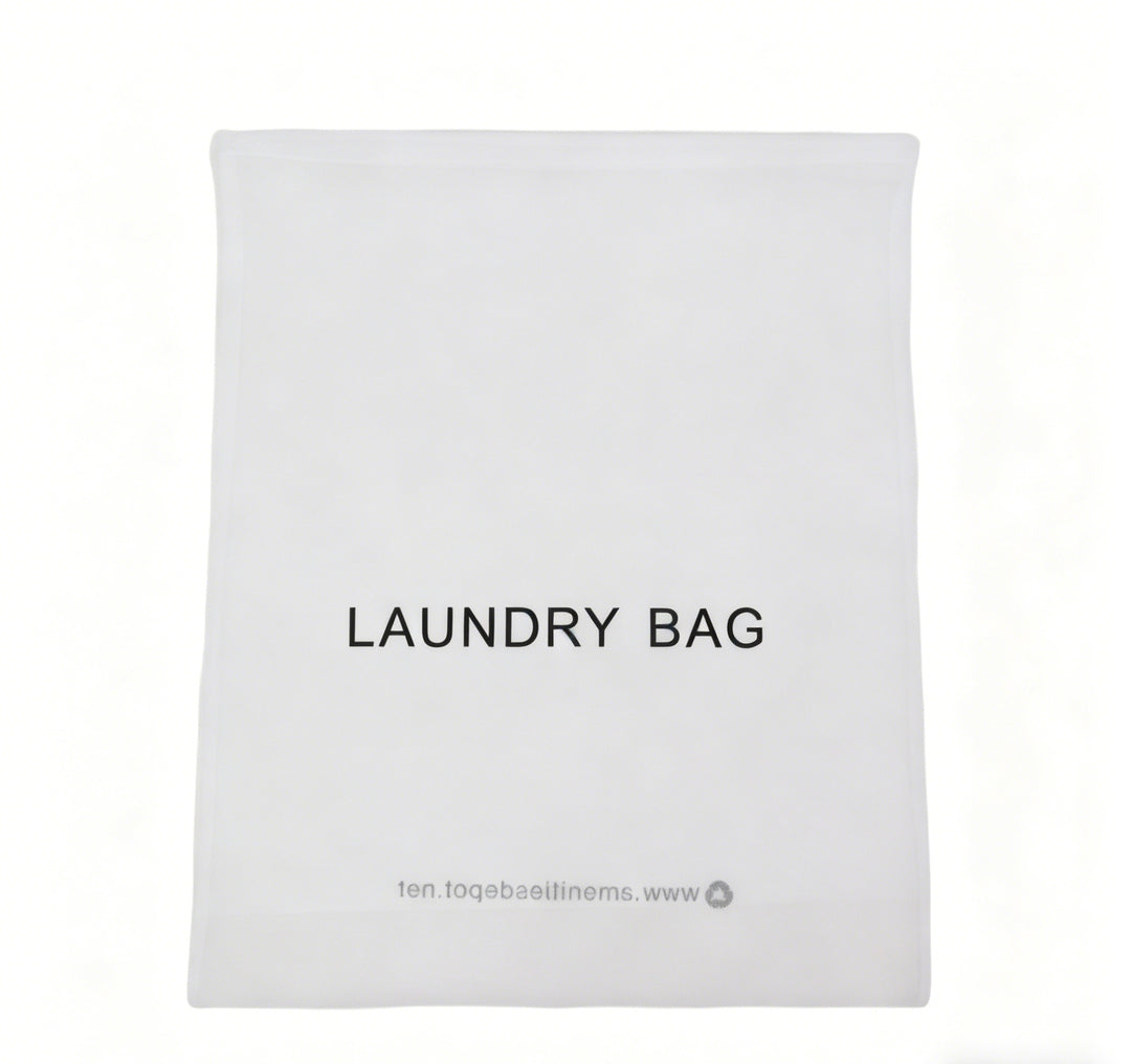 White non-woven laundry bag with 'LAUNDRY BAG' text on a white background