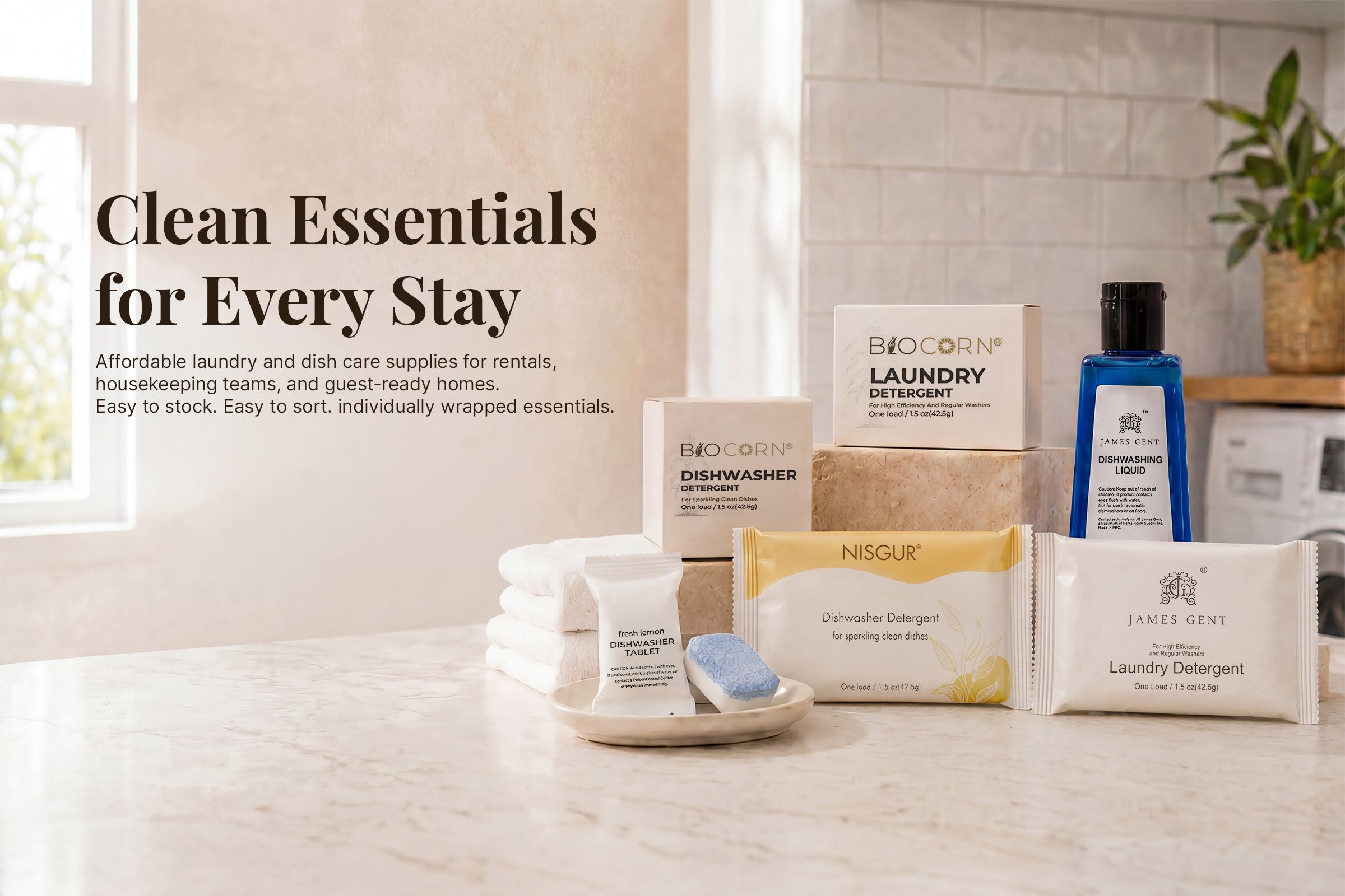 Cleaning supplies including detergent, soap, and dishwashing liquid on a countertop with a neutral background.