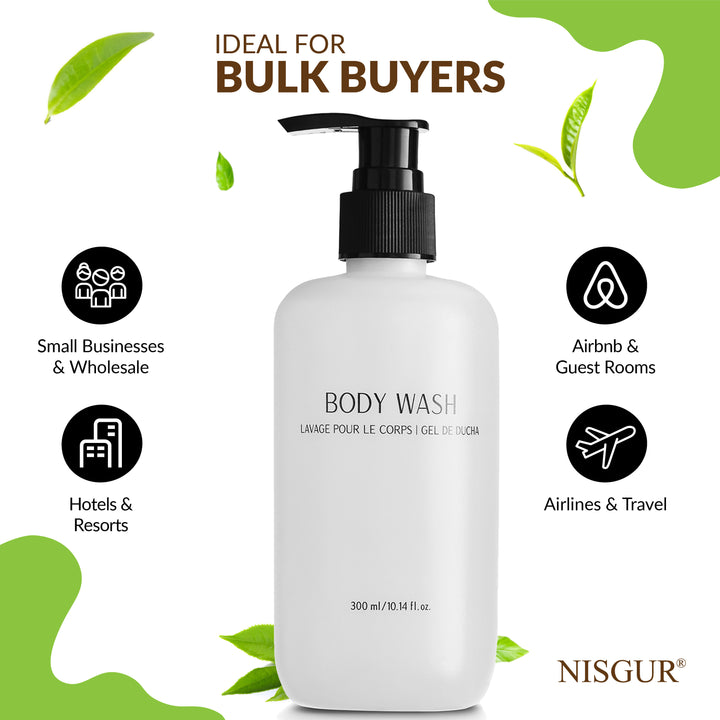 Pack of 12 Nisgur Body Wash Pump Bottle 10.14Fl oz/300 ML Each Refillable Body Wash Aloe vera, and Green Tea Extract Infused Hotel Toiletries