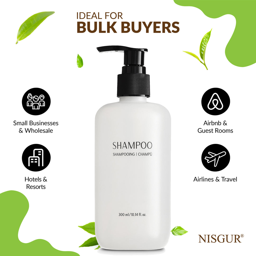 Pack of 12 Nisgur Shampoo Pump Bottle 10.14Fl oz/300 ML Each Refillable Shampoo Aloe vera, and Green Tea Extract Infused Hotel Toiletries