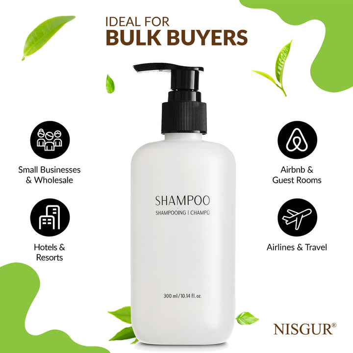 Pack of 12 Nisgur Shampoo Pump Bottle 10.14Fl oz/300 ML Each Refillable Shampoo Aloe vera, and Green Tea Extract Infused Hotel Toiletries