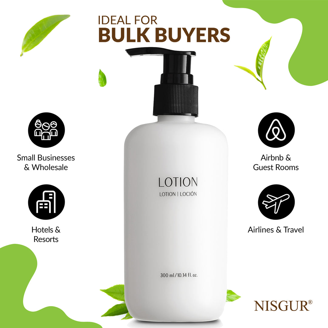 Pack of 12 Nisgur Body Lotion Pump Bottle 10.14 Fl oz/300 ML Each Refillable Body Lotion Aloe vera, and Green Tea Extract Infused Hotel Toiletries