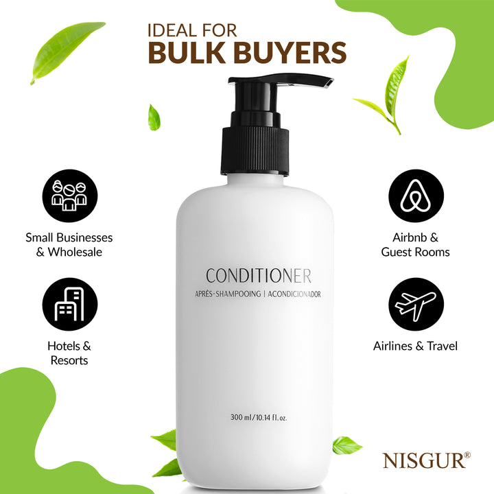 Pack of 12 Nisgur Conditioner Pump Bottle 10.14 Fl oz/300 ML Each Refillable Conditioner Aloe vera, and Green Tea Extract Infused Hotel Toiletries