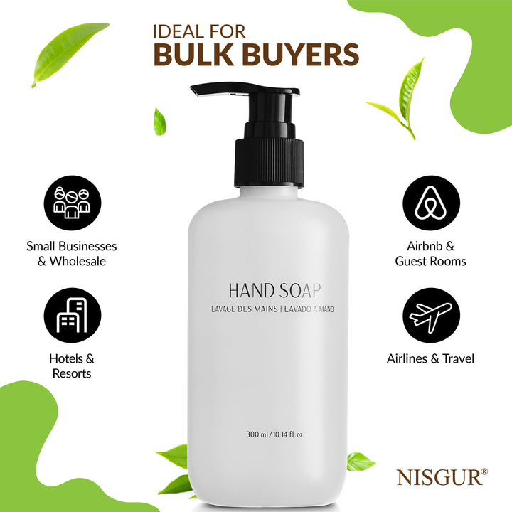 Pack of 12 Nisgur Hand Soap Pump Bottle 10.14 Fl oz/300 ML Each Refillable Hand Soap Aloe vera, and Green Tea Extract Infused Hotel Toiletries