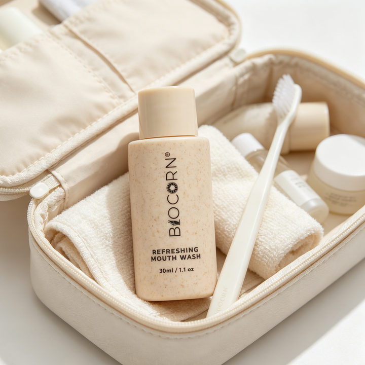 BIOCORN Refreshing Mouth Wash bottle displayed inside an open beige toiletry case