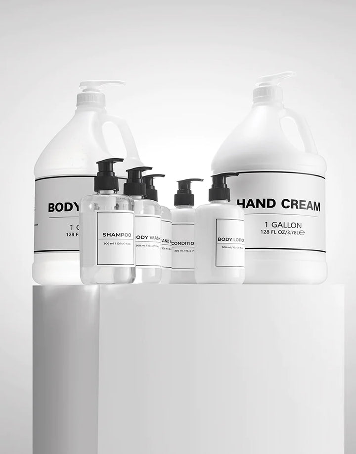 Samples of white-labeled gallon bucket pump bottle care products
